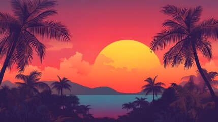 Beautiful tropical beach sunset with palm trees in the background