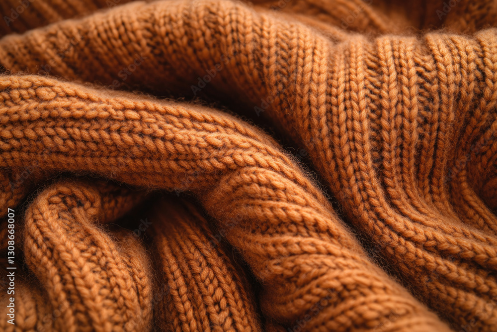 Poster Close-up of a textured, rust-colored knitted fabric, showcasing intricate details and soft fibers.