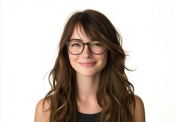 Obraz premium Smiling Young Woman with Glasses, Half-Body Portrait on White Background, Studio LightingKeywords: