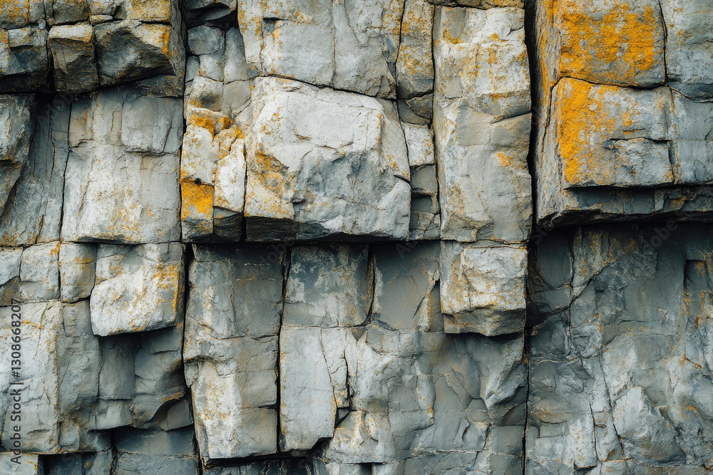 Aufkleber a close-up view of a rugged rock face, exhibiting a complex texture of grey and yellow-tinged stones