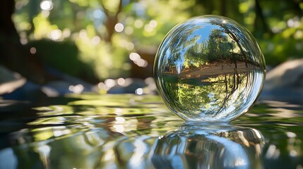 Crystal Ball Reflecting Green Forest Scene on a Calm Stream