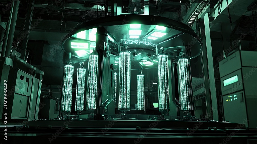 Poster futuristic high-tech machine in factory with glowing elements