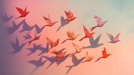 Fototapeta premium Red and Orange Origami Birds in Flight Against a Soft Pink and Teal Background
