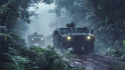 Fototapeta premium Military Vehicles in a Misty Jungle