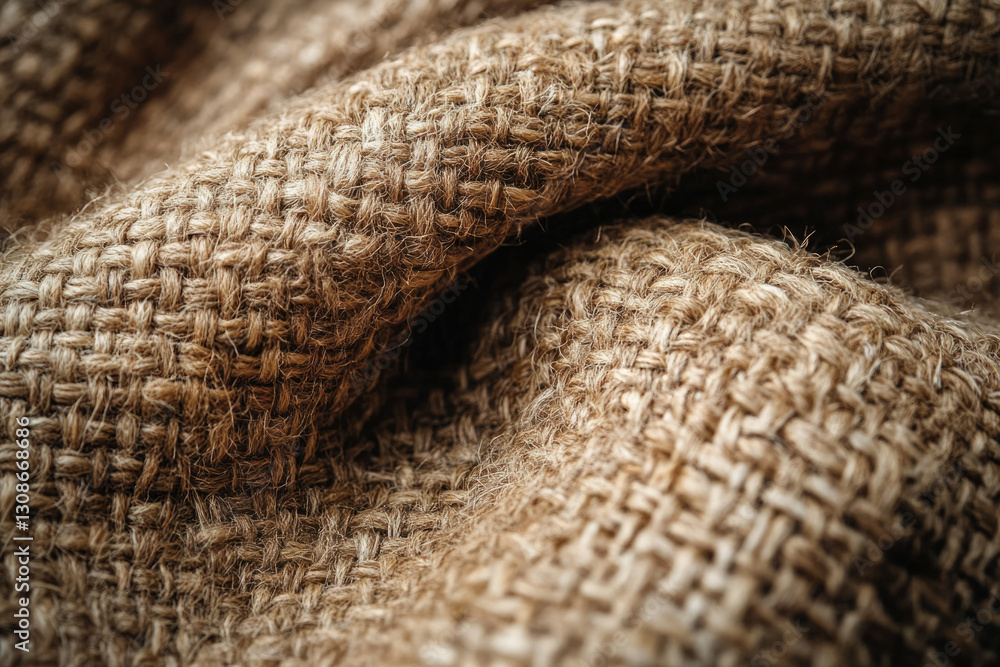 Poster close-up of textured burlap fabric, showcasing its coarse weave and natural fibers.