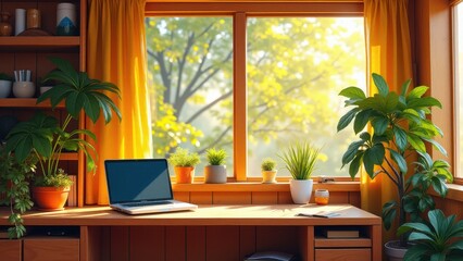 Wooden office visuals, Warmly lit modern home office with wooden textures and greenery. Bright saturated colors photorealistic clutter-free