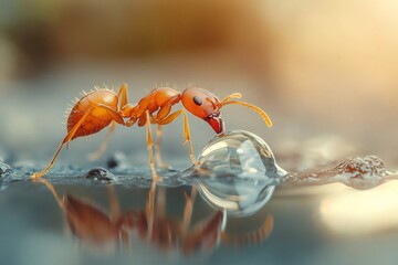 Red ant drinking water droplet reflecting on wet surface