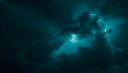 Black dark greenish blue dramatic night sky. Gloomy ominous storm rain clouds background. Cloudy thunderstorm hurricane wind lightning. Epic fantasy mystic. Or creepy spooky nightmare horror concept