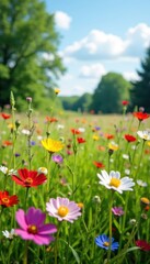 Latvian midsummer meadow ablaze with wildflowers, vibrant hues , blooming meadow, meadow, native plants