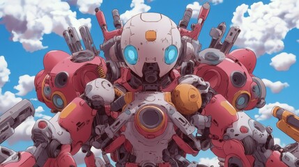 Fototapeta premium A vibrant, detailed illustration of a pink and white mecha robot against a bright blue sky with fluffy white clouds. The robot is intricately designed 