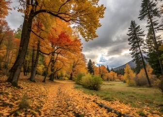 Fototapeta premium Serene Autumn Pathway in a Foggy Forest