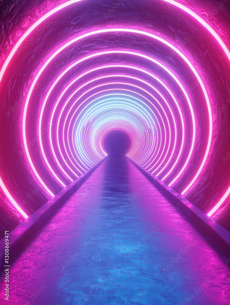 Poster neon tunnel: a futuristic tunnel illuminated by neon lights, creating a vibrant and immersive visual