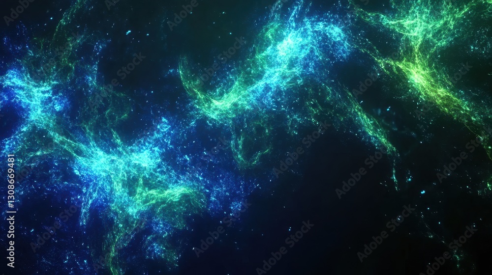 Poster abstract ai-powered blue and green light waves, advanced motion design with digital particle effects