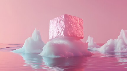 Pink Cube on Iceberg in Pastel Sea Minimalist 3D Render