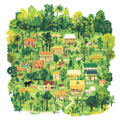 Obraz premium vibrant illustration of lush green village surrounded by trees, featuring various houses, animals, and gardens, evoking sense of tranquility and harmony with nature