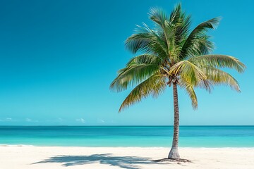 Fototapeta premium Lone palm tree on a pristine beach under a vibrant blue sky.