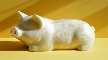 Marble pig sculpture on a yellow background.