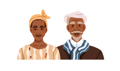 Elderly African American couple. Happy senior black people, man and woman. Old aged mature family. Retired spouses, wife and husband portrait. Flat vector illustration isolated on white background