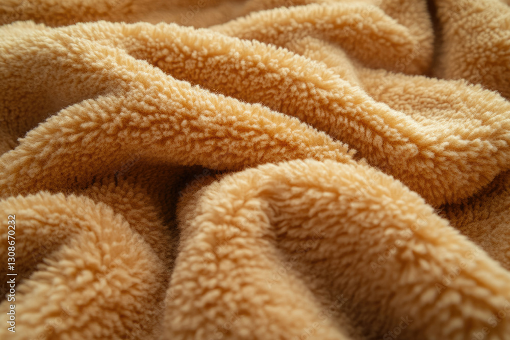 Poster close-up view of soft, light brown, fluffy textile fabric with a plush texture.