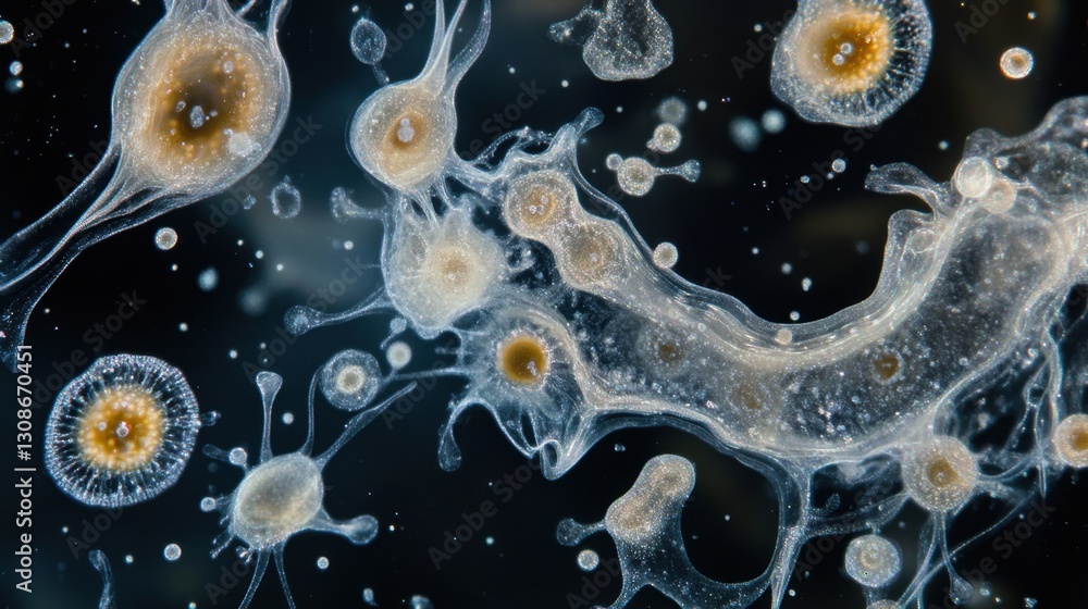 Poster abstract floating microorganisms in a dark fluid, softly glowing under a microscope.