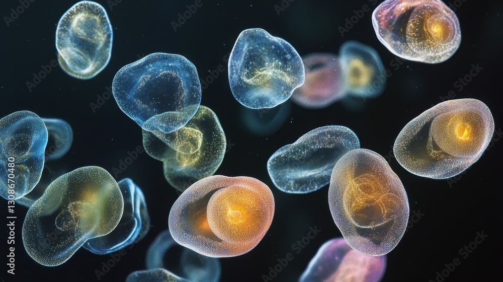 Poster abstract floating microorganisms in a dark fluid, softly glowing under a microscope.