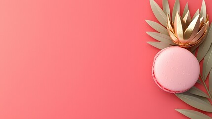 A pink macaron sits beside a golden lotus flower and green leaves on a coral background, creating a vibrant and elegant composition.