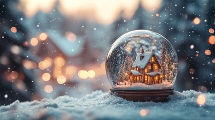 Winter wonderland snow globe with cozy cottage amidst falling snowflakes