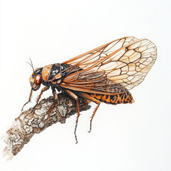 Illustration painted cicada on branch shows realistic boho style