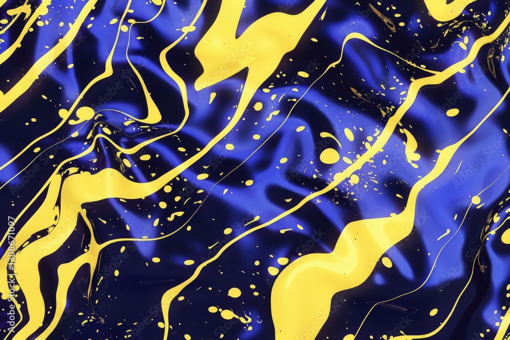 Poster abstract fluid shapes in blue and yellow with confetti. digital 3d rendering art of yellow and blue 