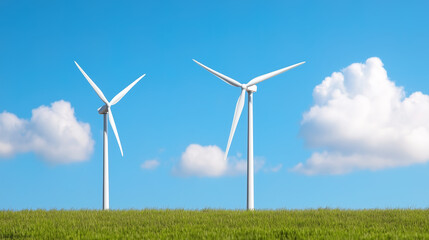 Fototapeta premium two wind turbines generating clean energy in a vibrant green field under a bright blue sky with fluffy clouds