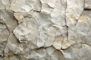 Fototapeta premium A close-up view of a weathered, cracked stone wall with a rough texture and varying shades of beige and gray.