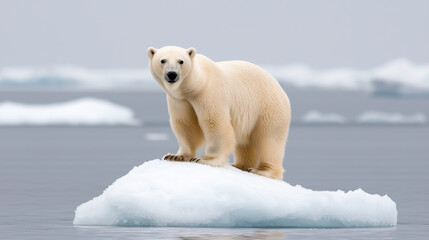polar bear standing on a small iceberg in the ocean, gazing at the viewer