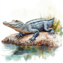 Obraz premium Illustration of crocodile resting peacefully on rock near water