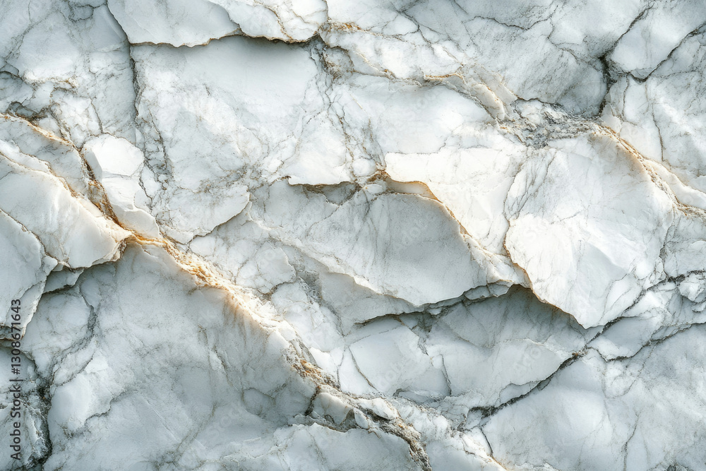 Poster close-up view of white marble with gray and gold veins, showcasing its natural texture and patterns.