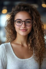 Obraz premium Portrait of smiling young woman wearing eyeglasses with long curly hair