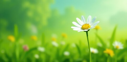 Single daisy flower in isolation, simple shape, greenery, field, flowers