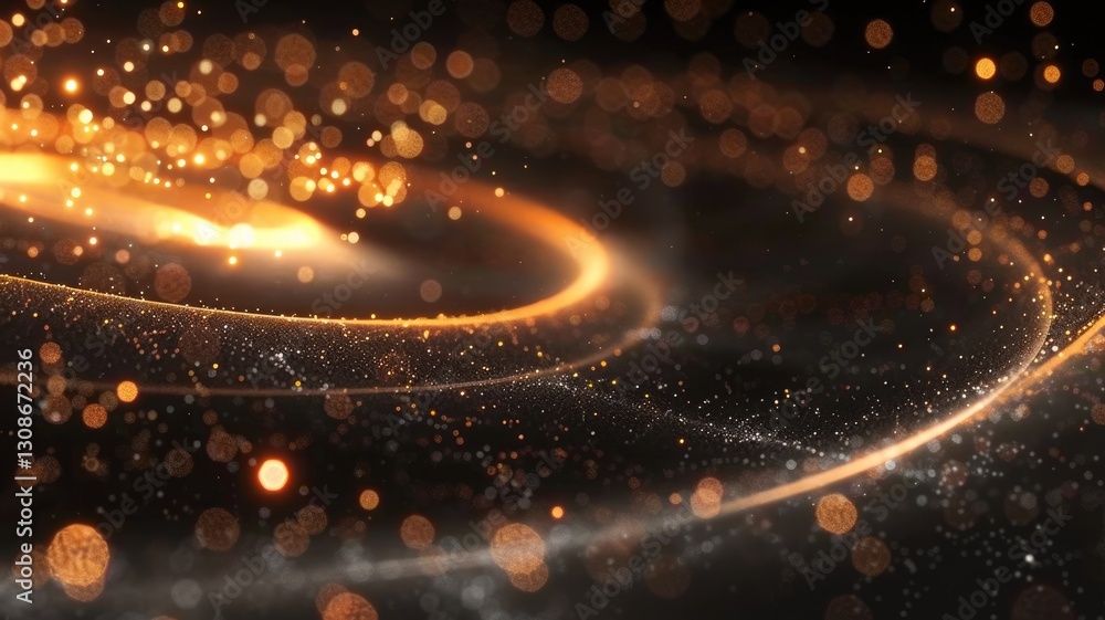 Poster sparse with spiraling trail of particles glowing dots setting against dark background in depth and m