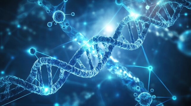 Abstract molecular structure with glowing DNA strands, atoms, and neurons connected by blue lines and dots on a dark futuristic background - Powered by Adobe