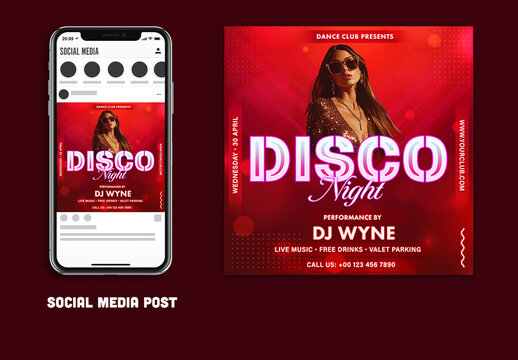 Disco Night Party, Editable Social Media Post for Club, Disco and Upcoming Night Parties.