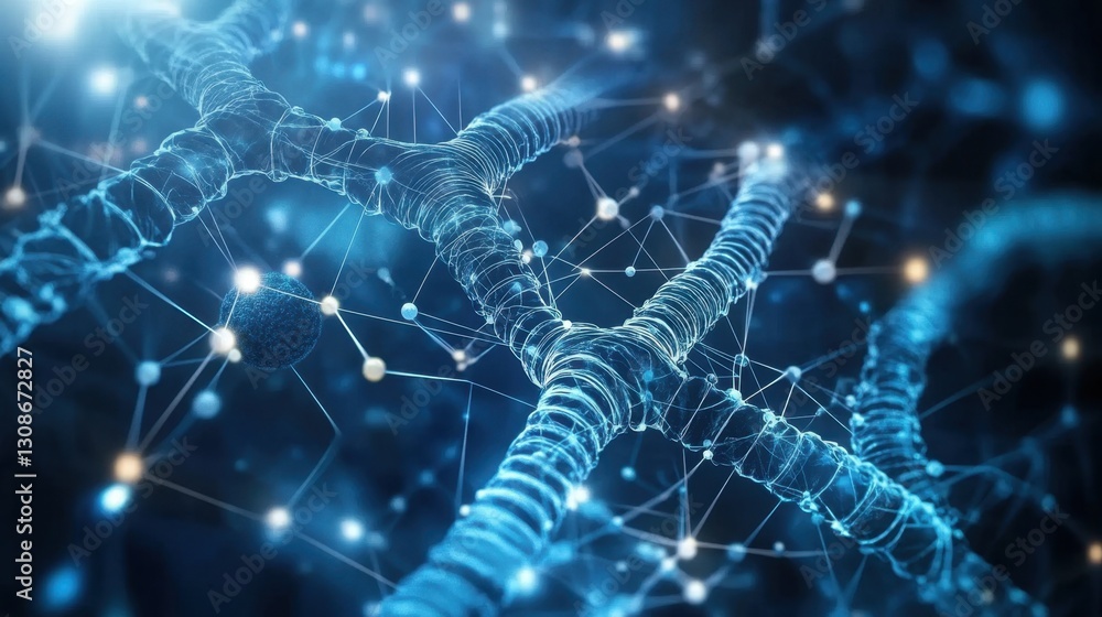 Poster abstract representation of neural networks and molecular data in a high-tech medical background.