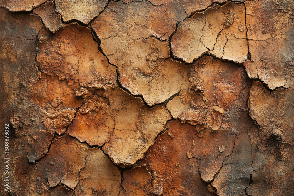 Poster A close-up of a textured surface with deep cracks and rust-colored tones.