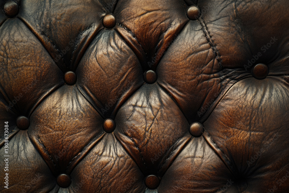 Poster close-up of richly textured brown leather upholstery with button tufting, showcasing its deep color 