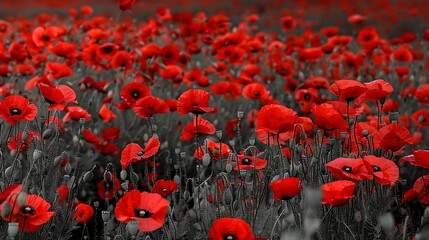 Obraz premium Vibrant Red Poppies Blooming in Lush Green Field Under Bright Blue Sky