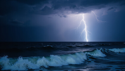 Naklejka premium Intense lightning strike illuminating stormy sea at night, natural power