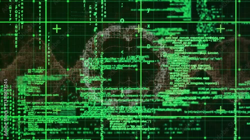 Poster Digital code and data processing animation over green grid background
