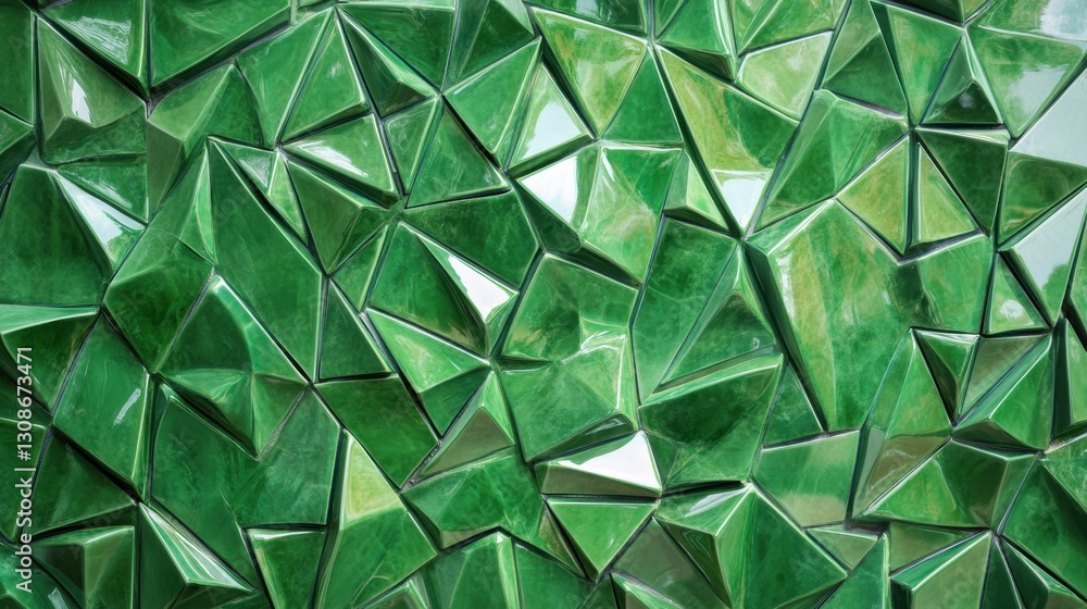 Poster an artistic green mosaic tile background with raised triangular patterns and fluted geometric detail