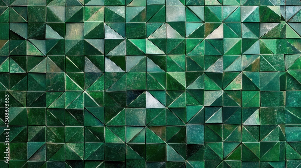 Poster an artistic green mosaic tile background with raised triangular patterns and fluted geometric detail