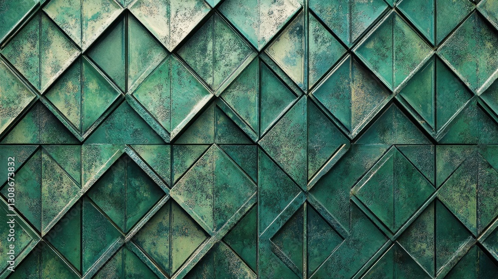 Poster an artistic green mosaic tile background with raised triangular patterns and fluted geometric detail