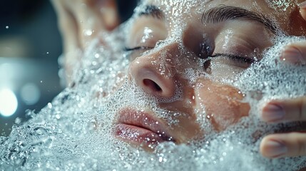 Fototapeta premium Caucasian female enjoying refreshing face wash with bubbles and water