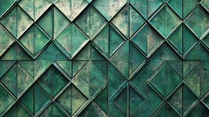 An artistic green mosaic tile background with raised triangular patterns and fluted geometric detailing